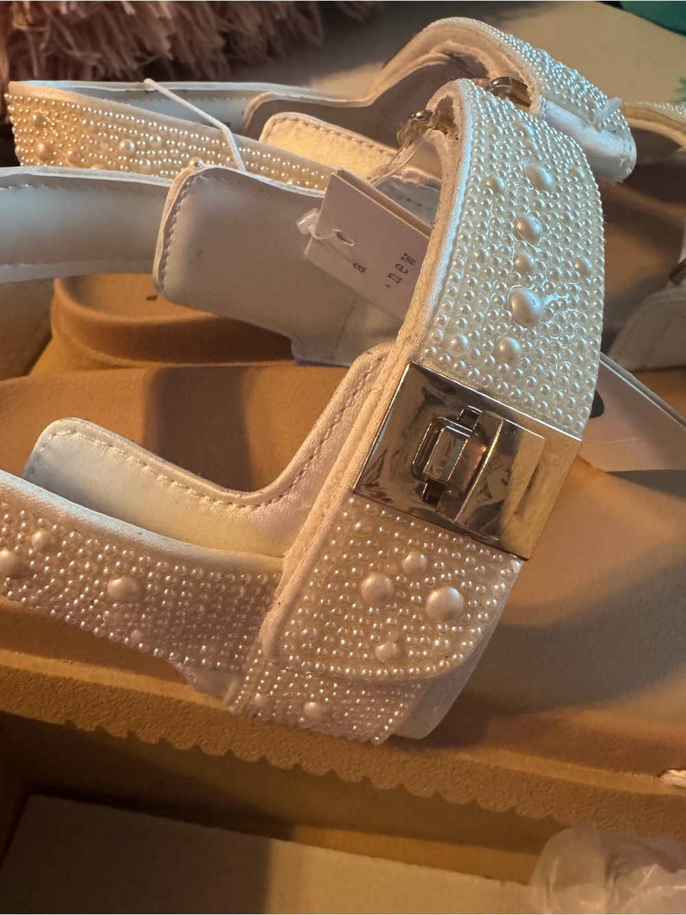 Pearl-Embellished Platform Sandals Ivory Wedding Vacation Special Occasion NEW - Picture 7 of 8
